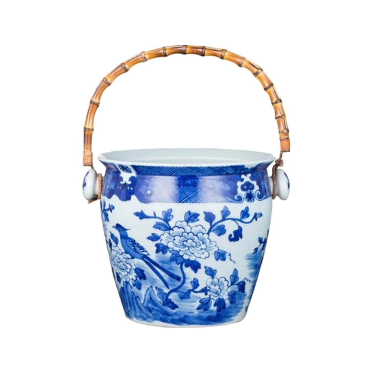 Porcelain Bird Floral Wine Bucket With Bamboo Handle on a white background