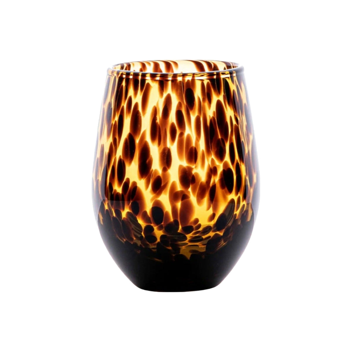 Single Tortoiseshell Puro Stemless Wine Glass, shown alone on a white background