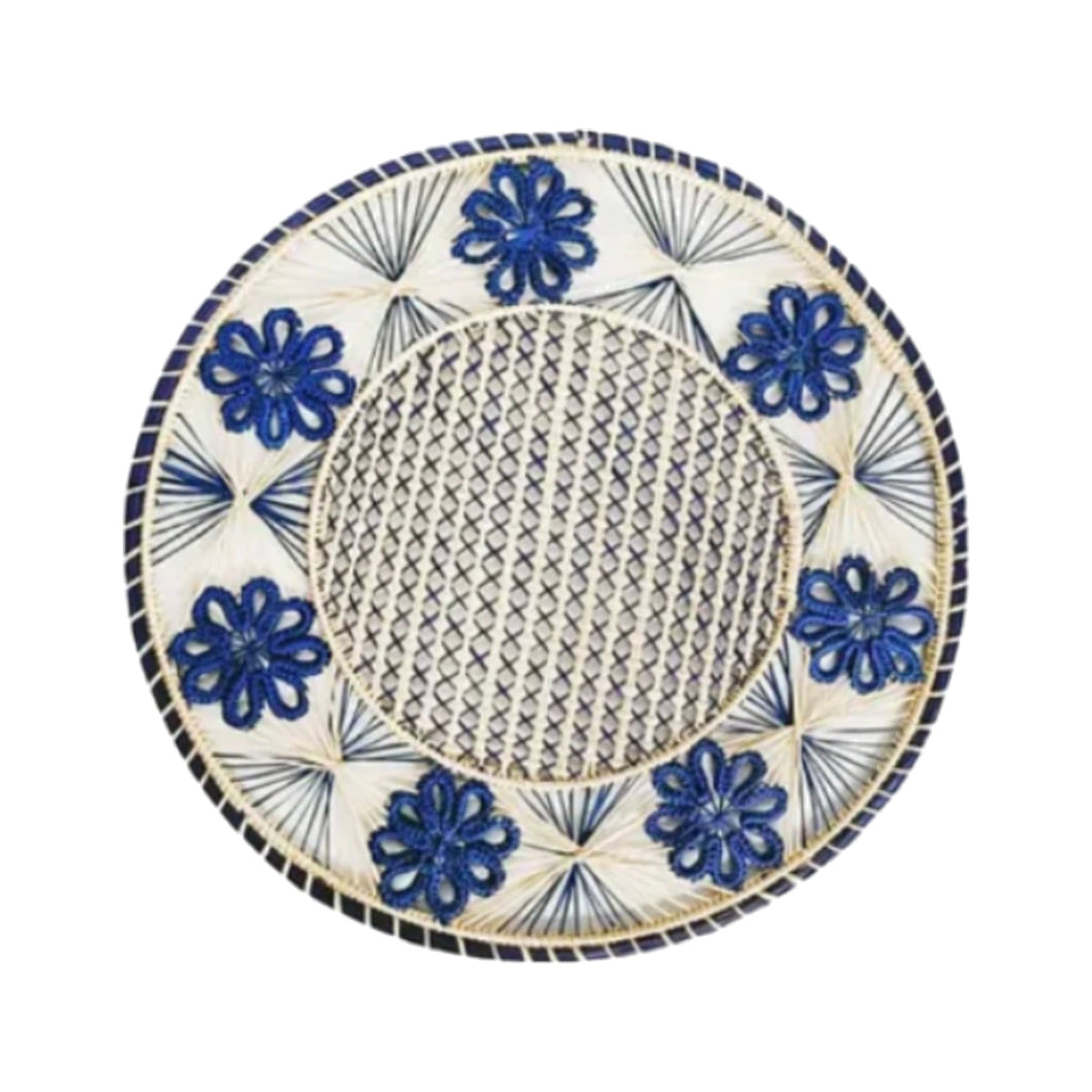Handwoven Iraca Navy Flora Placemat, shown on a white background