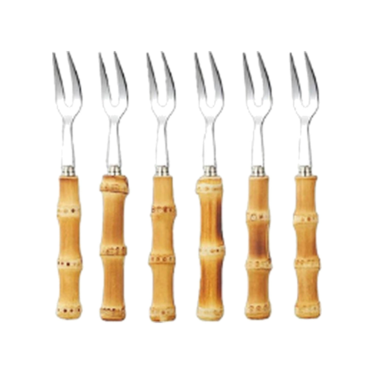 Set of 6 Cocktail Forks with Bamboo Handles, shown on a white background