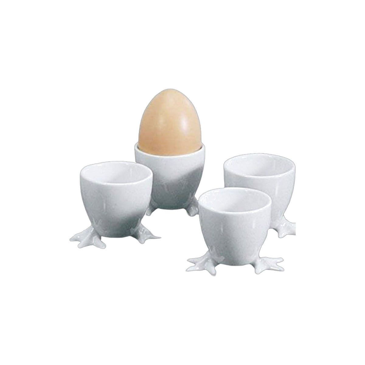 White Porcelain Egg Cups with Whimsical Chicken Feet, Set of 4, shown on a white background