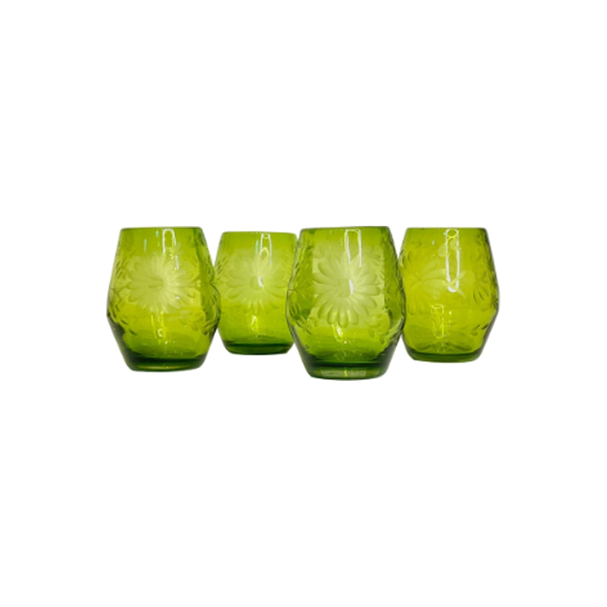 Four hand etched green stemless wine glasses