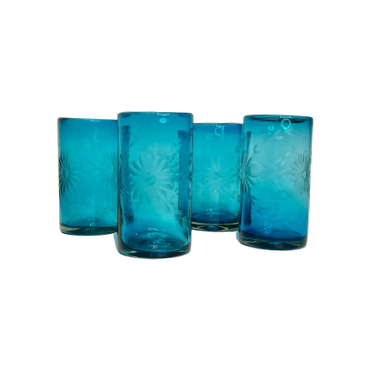 Four hand etched aqua tall glasses