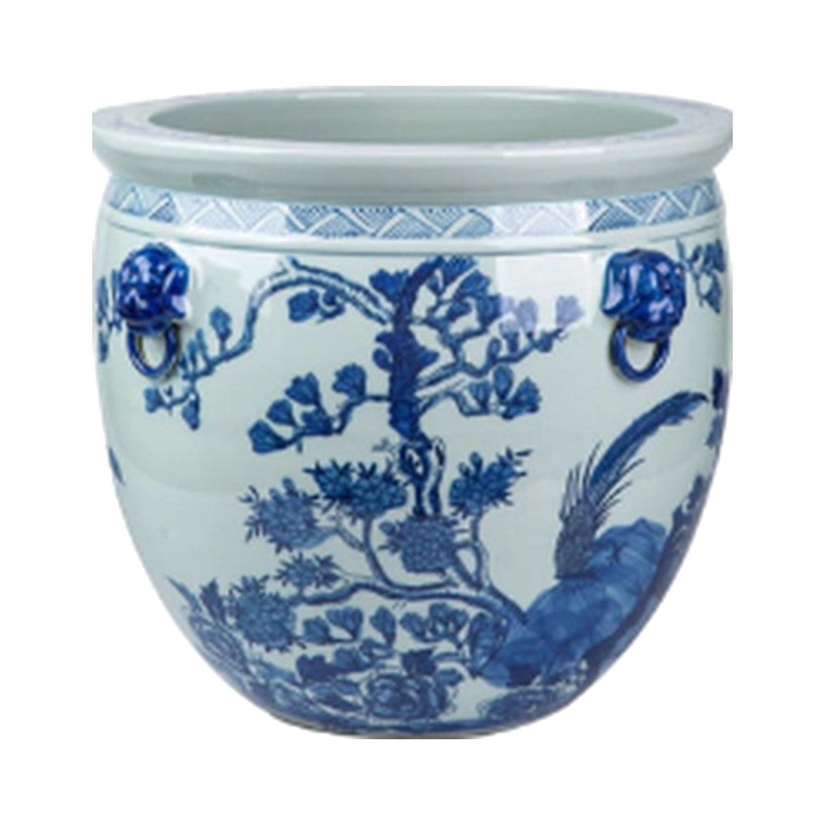 Small Blue And White Porcelain Magnolia Pheasant Planter Lion Handle on a white background