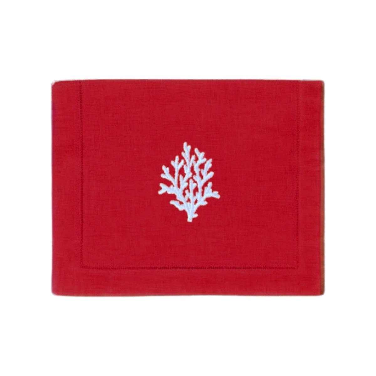 White Coral on Red Linen Cocktail Napkins, Set of 4, shown on a white background