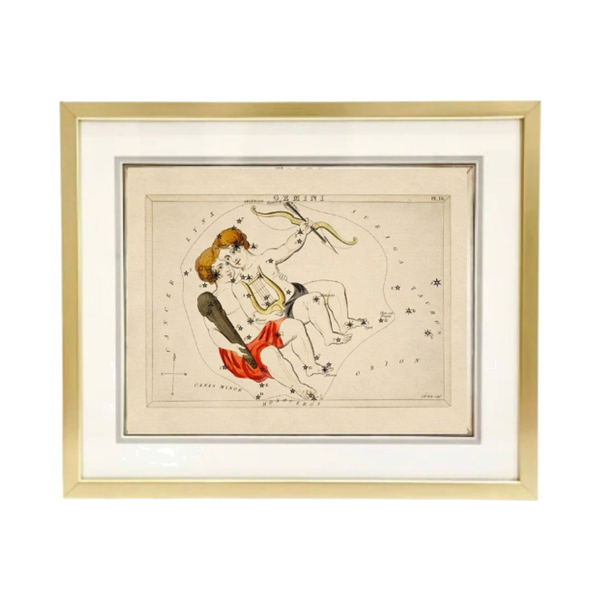 Custom Framed Antique Gemini Zodiac Print, framed art