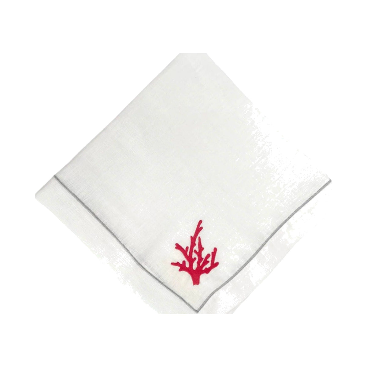 Red Coral Embroidered on White Linen with Silver boarder Dinner Napkins, set of 4, shown on a white background