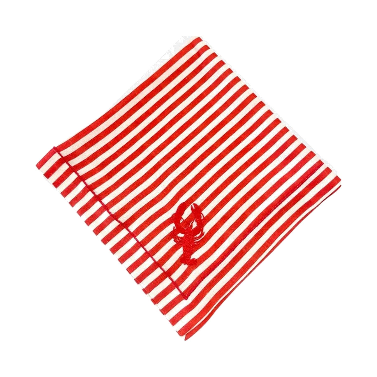 RED & WHITE STRIPED LINEN DINNER NAPKIN WITH RED LOBSTER EMBROIDERY DETAIL, SET OF 4, shown on a white background