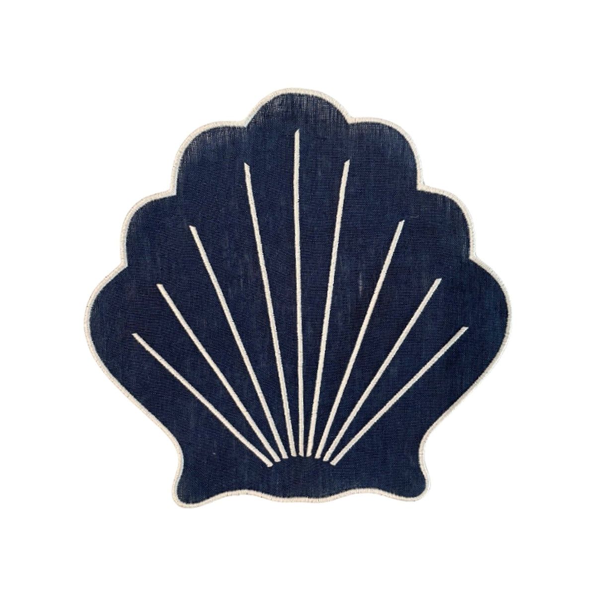 Navy Linen Shell Cocktail Napkin with White Detail, Set of 4, shown on a white background