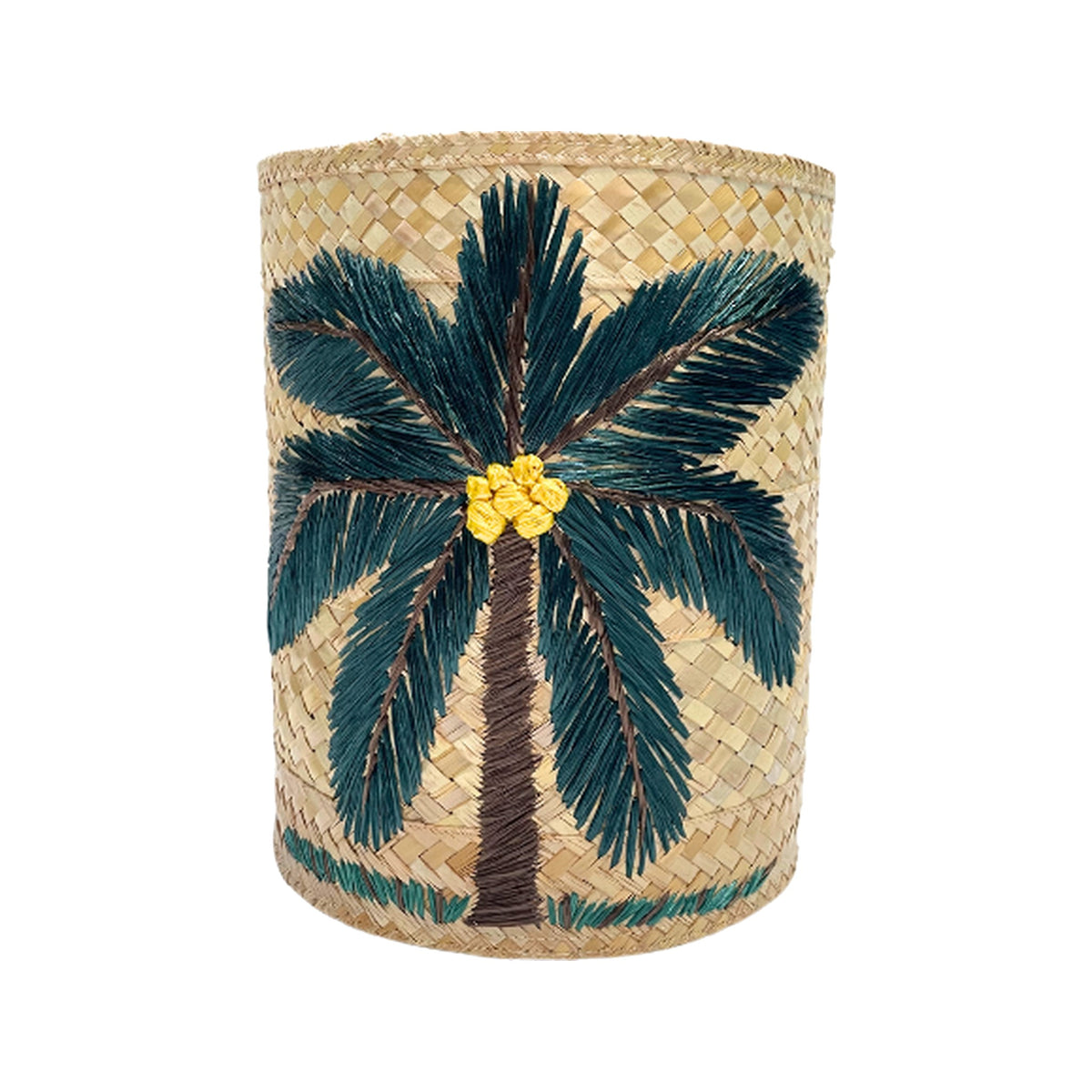 Dark Green Palm Tree Straw Bin on a white background