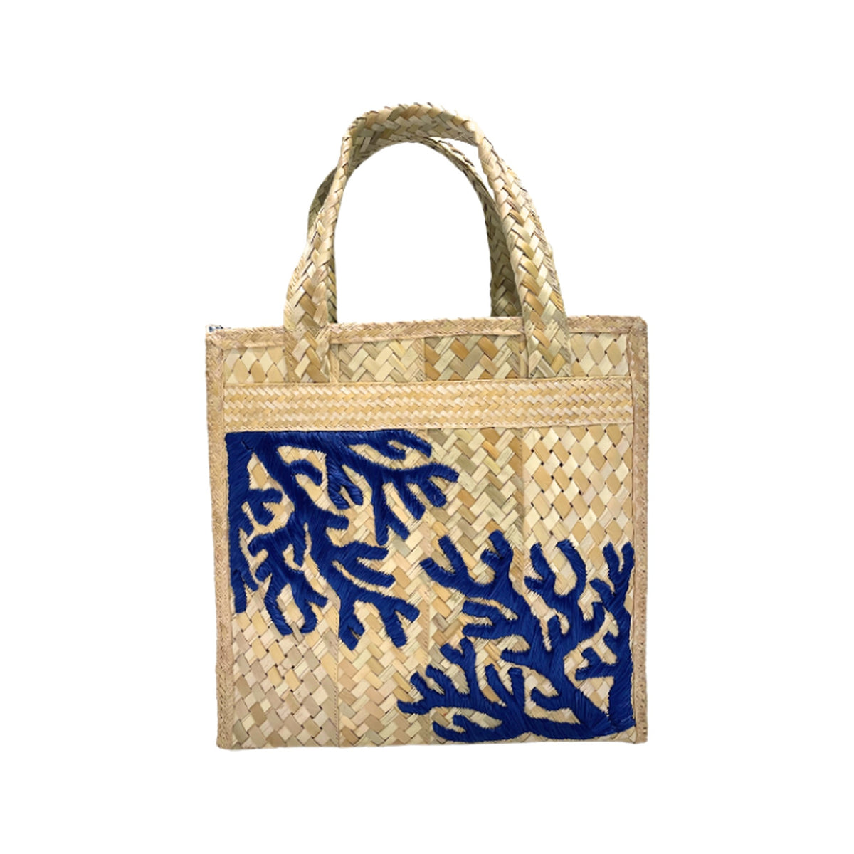 Medium Navy Coral Embroidered Box Tote with Bahama Handprint Fabric Lining on a white background