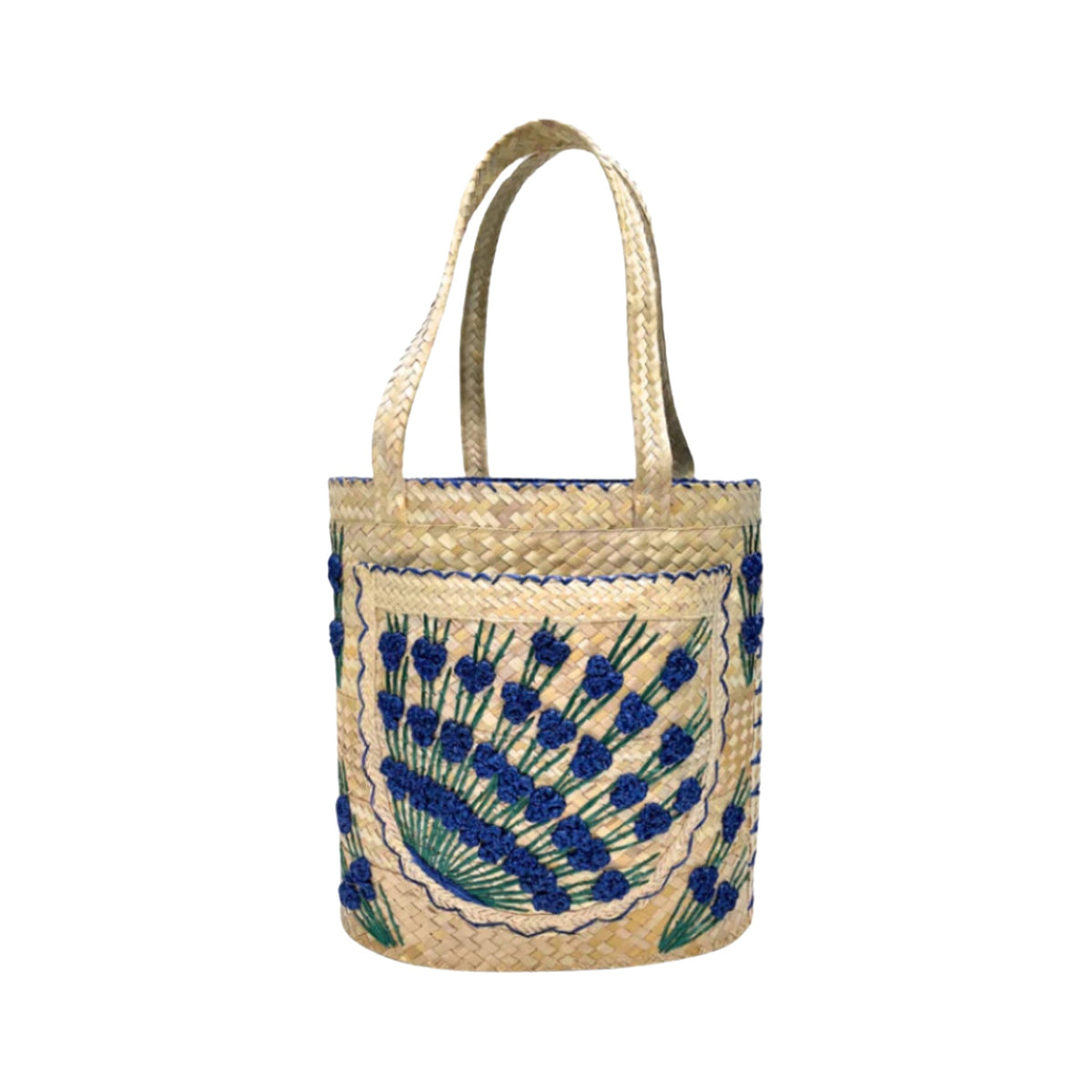 Large Navy Floral Rosette Bucket Tote with Bahama Batik Fabric Lining on a white background