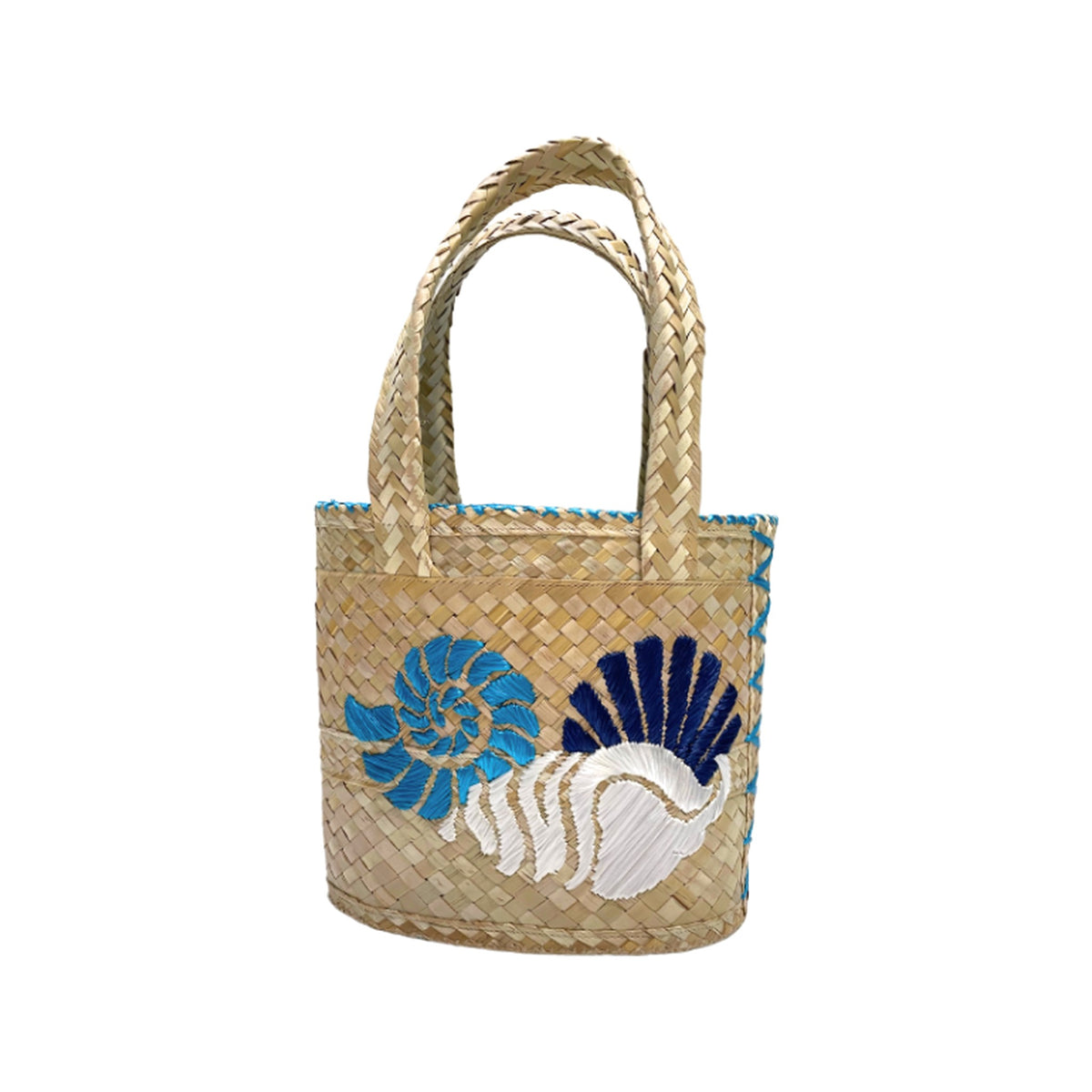 Blue and White Shell Bucket Tote on a white background