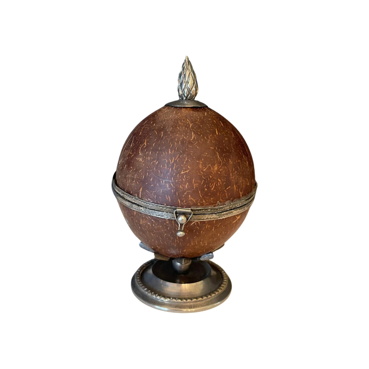 Vintage Coconut Shell with Silver Clasps on a white background