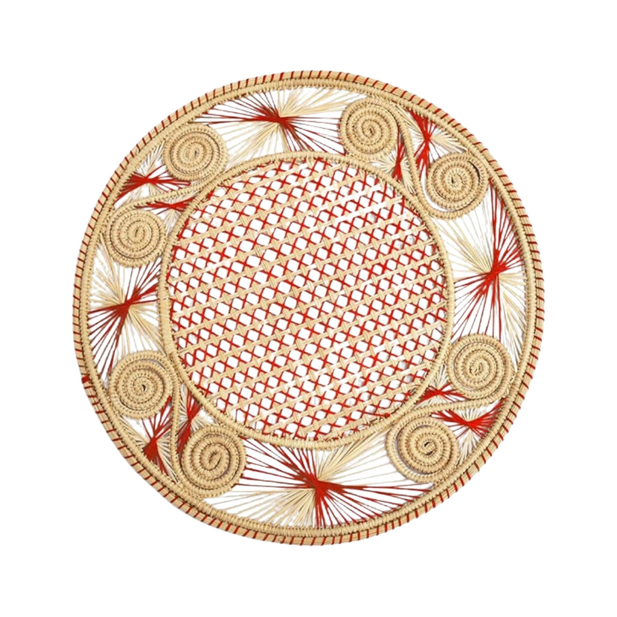 Handwoven Red Caracol Iraca and Straw Placemat, shown on a white background