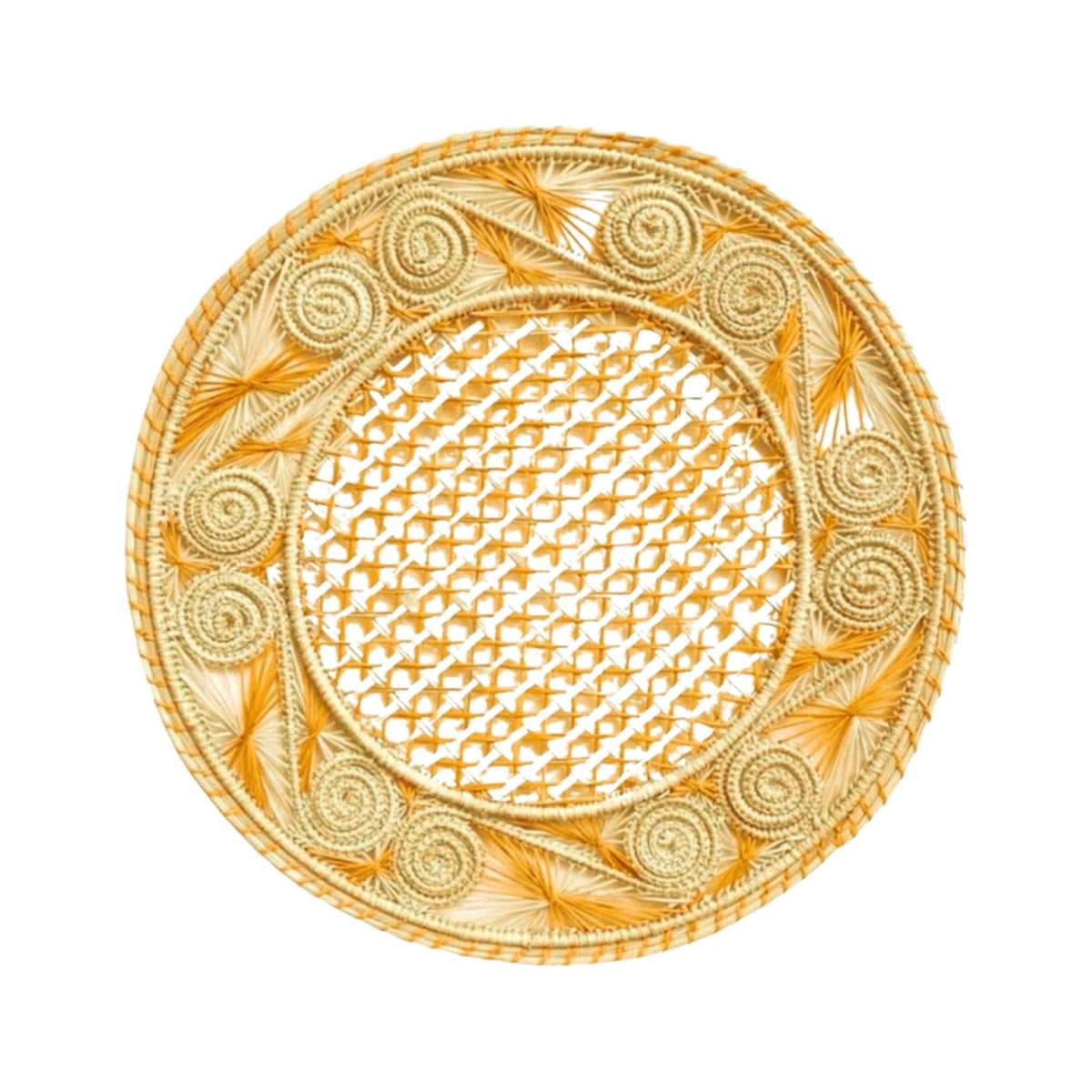 Handwoven Mustard Caracol Iraca and Straw Placemat, shown on a white background