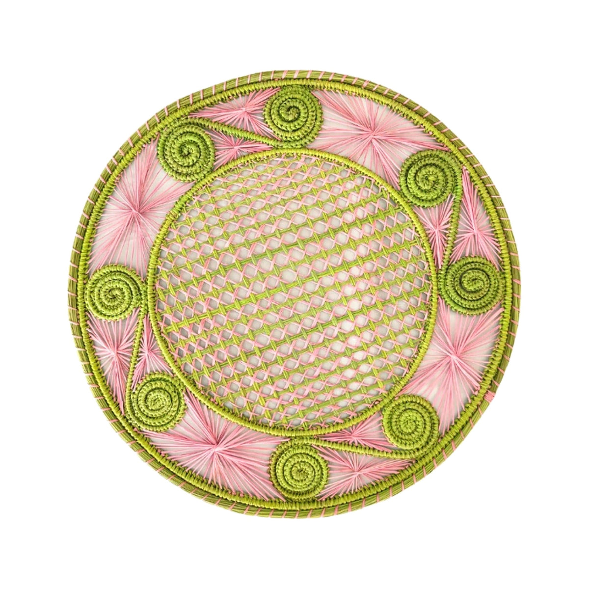Handwoven Pink/Green Caracol Iraca and Straw Placemat, shown on a white background