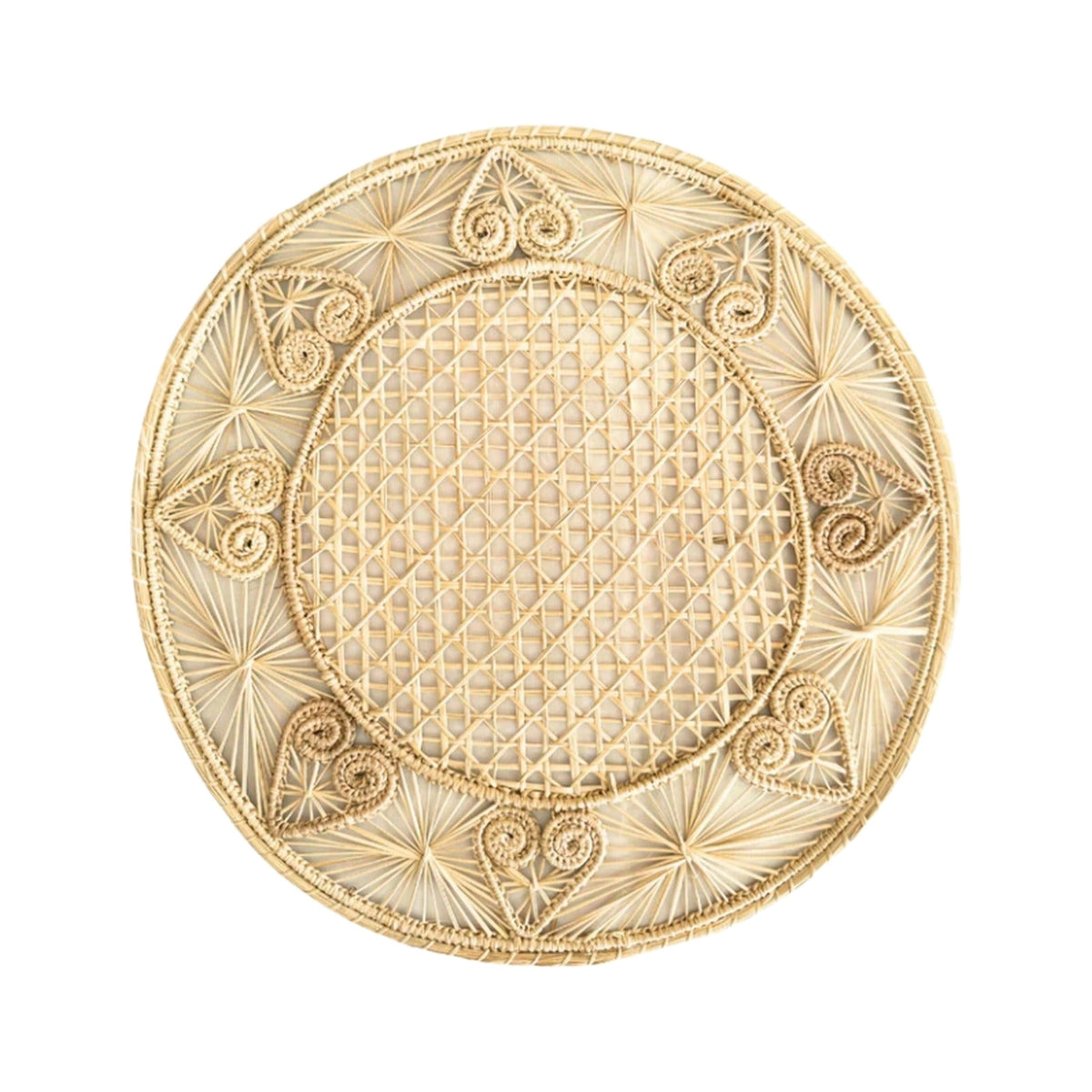 Handwoven Heart Caracol Iraca and Straw Placemat, shown on a white background