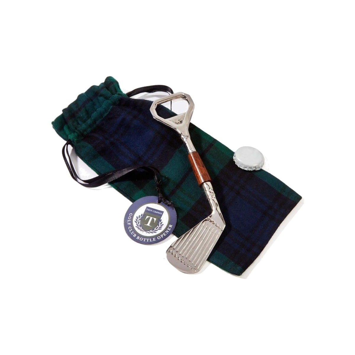 Brass Golf Club Bottle Opener with Mango Wood, shown on a white background