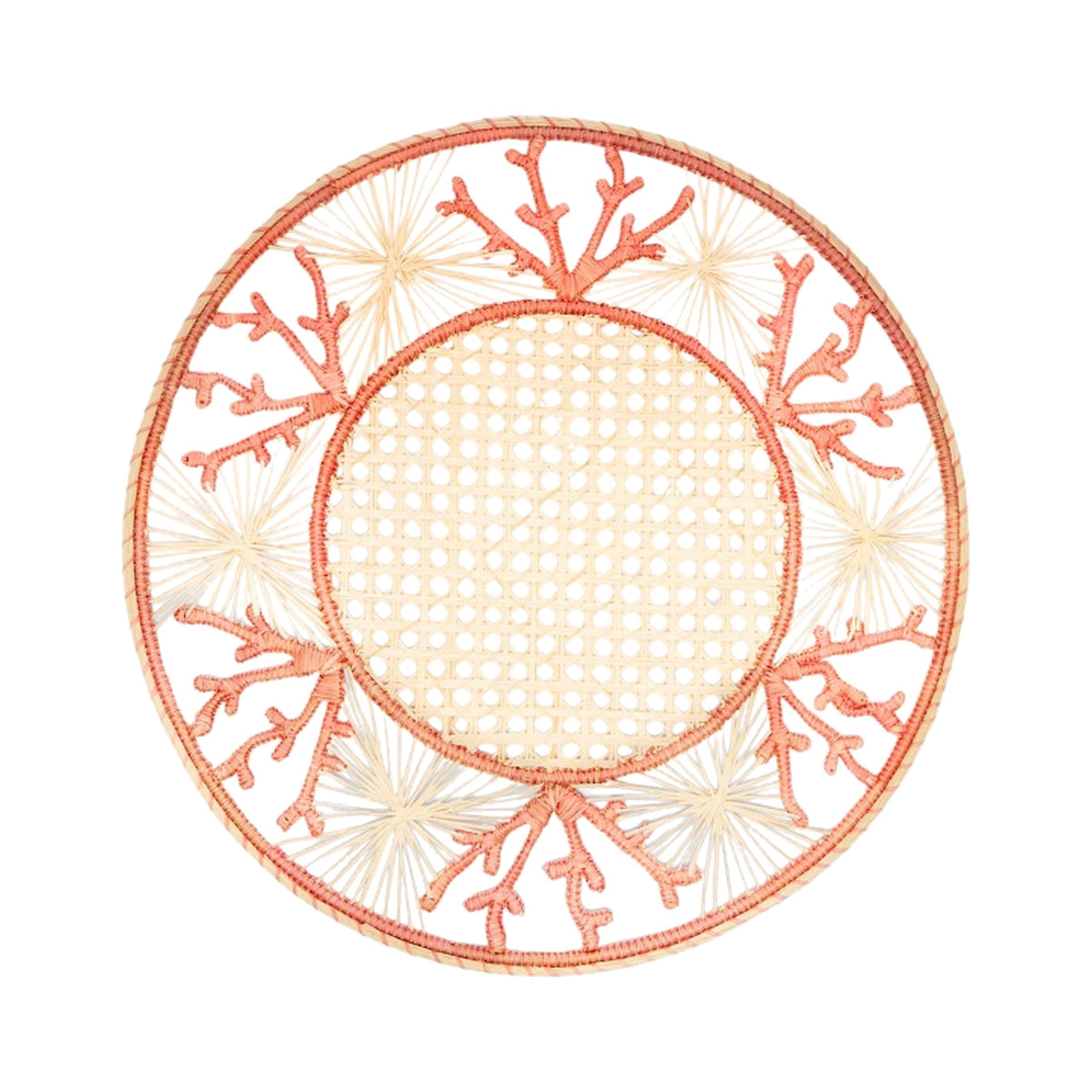 Handwoven Peach Coral Iraca Placemat, shown on a white background