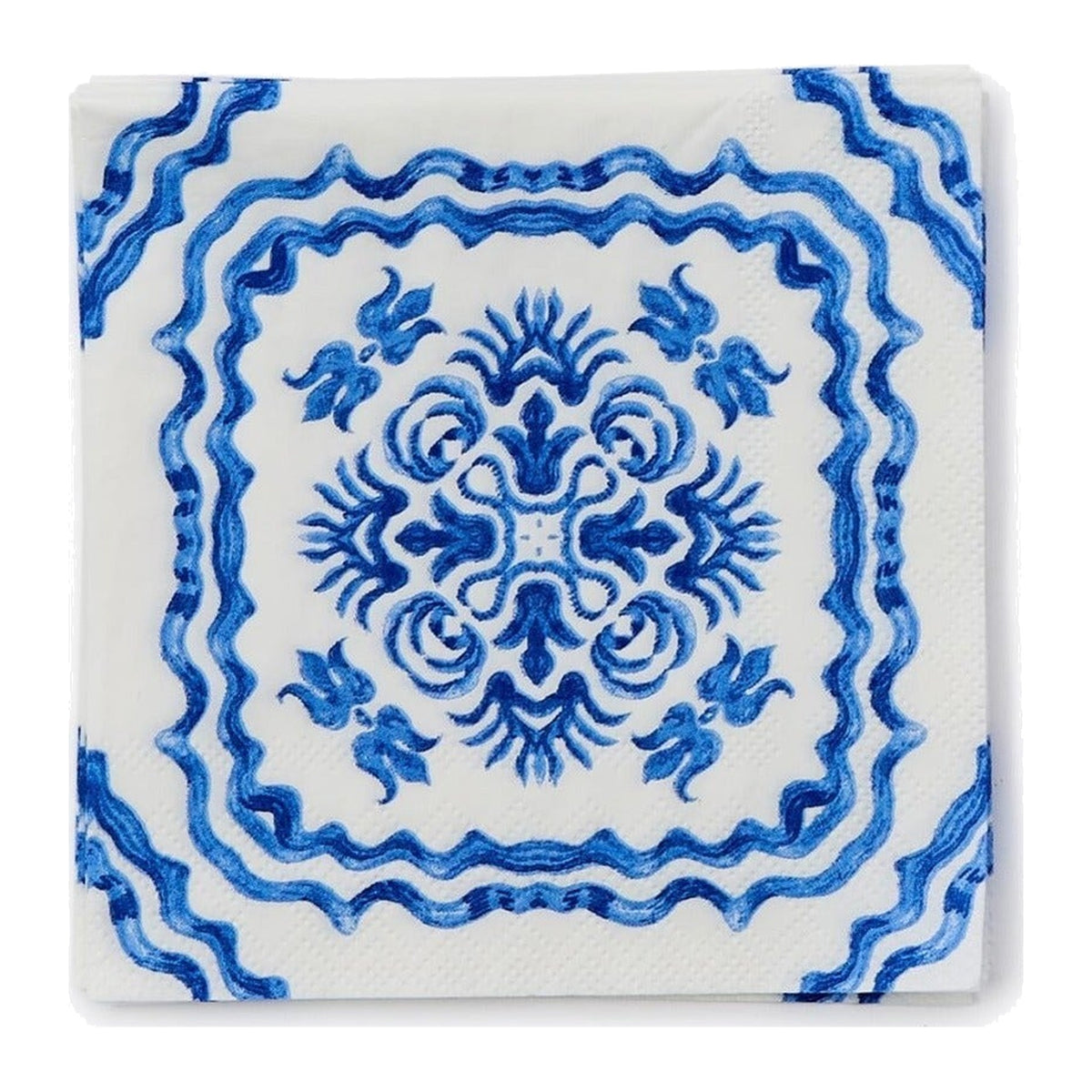 Blue Tile Block Print 3-Ply Paper Cocktail Napkin, shown on a white background