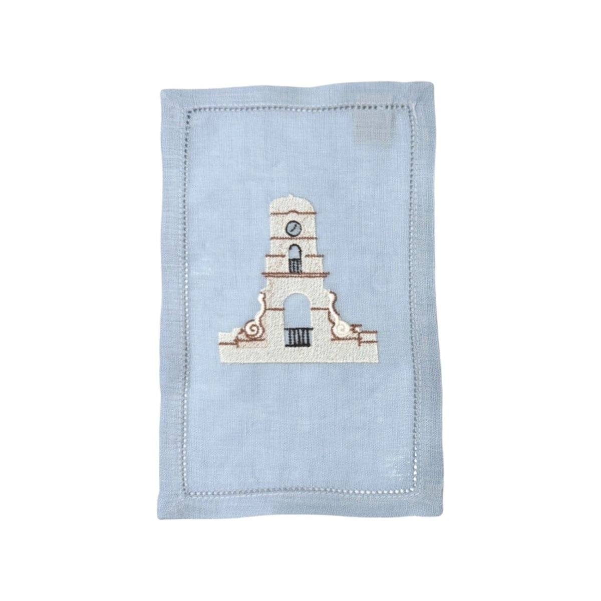 Clock Tower on Light Blue Linen Cocktail Napkins, Set of 4, shown on a white background