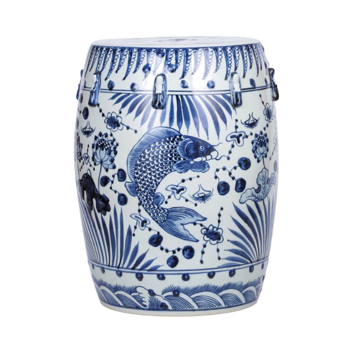 Blue & White Fish Motif Garden Stool on a white background