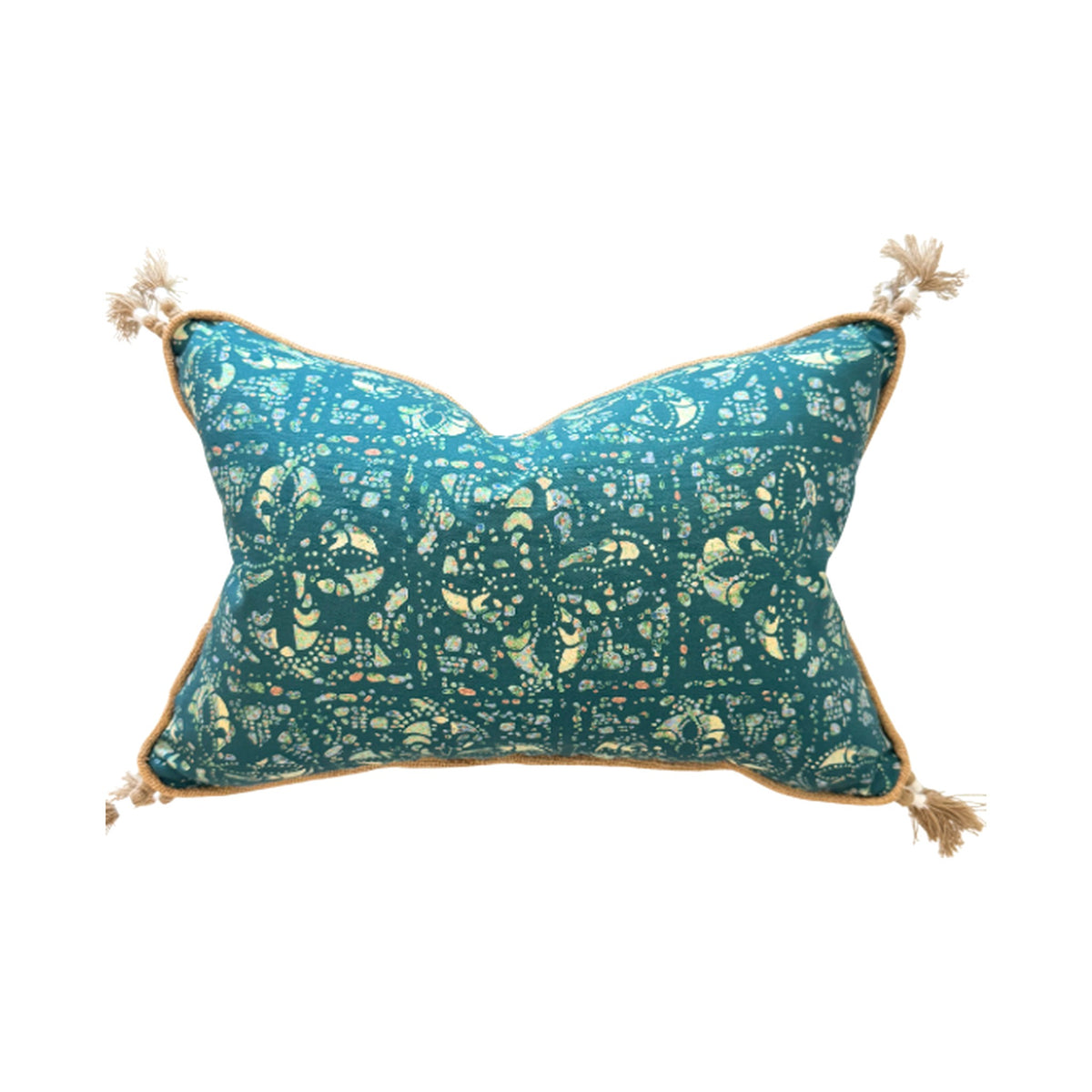 Lumbar Island Breeze Pillow in Jade with Tassel Detail on a white background