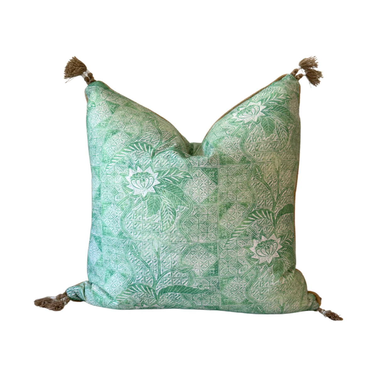 22" Calypso Batik Pillow in Leaf with Tassel Detail on a white background