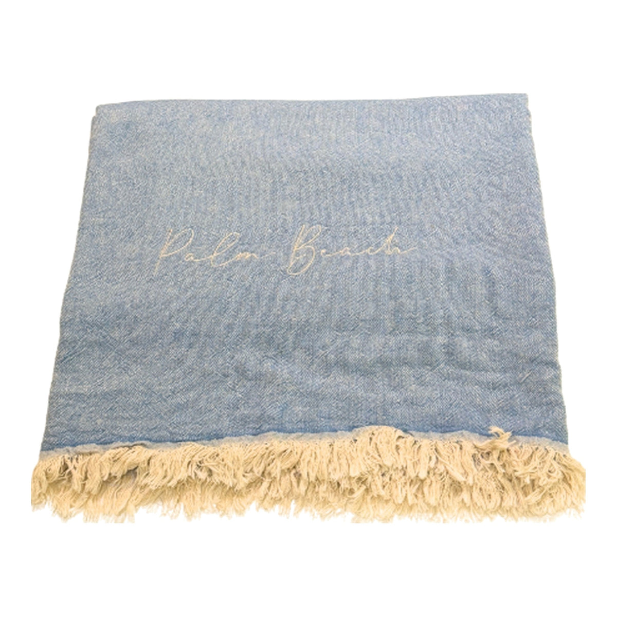 Custom Location Script Embroidered Linen Throw Blanket on a white background