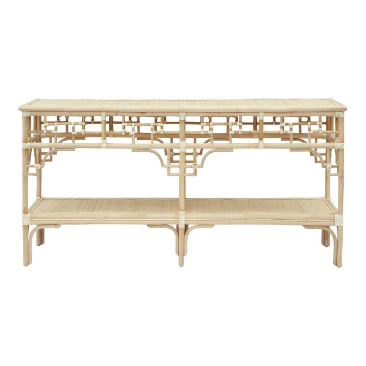 Pagoda Console, Large Natural Rattan Frame with Leather Wraps on a white background