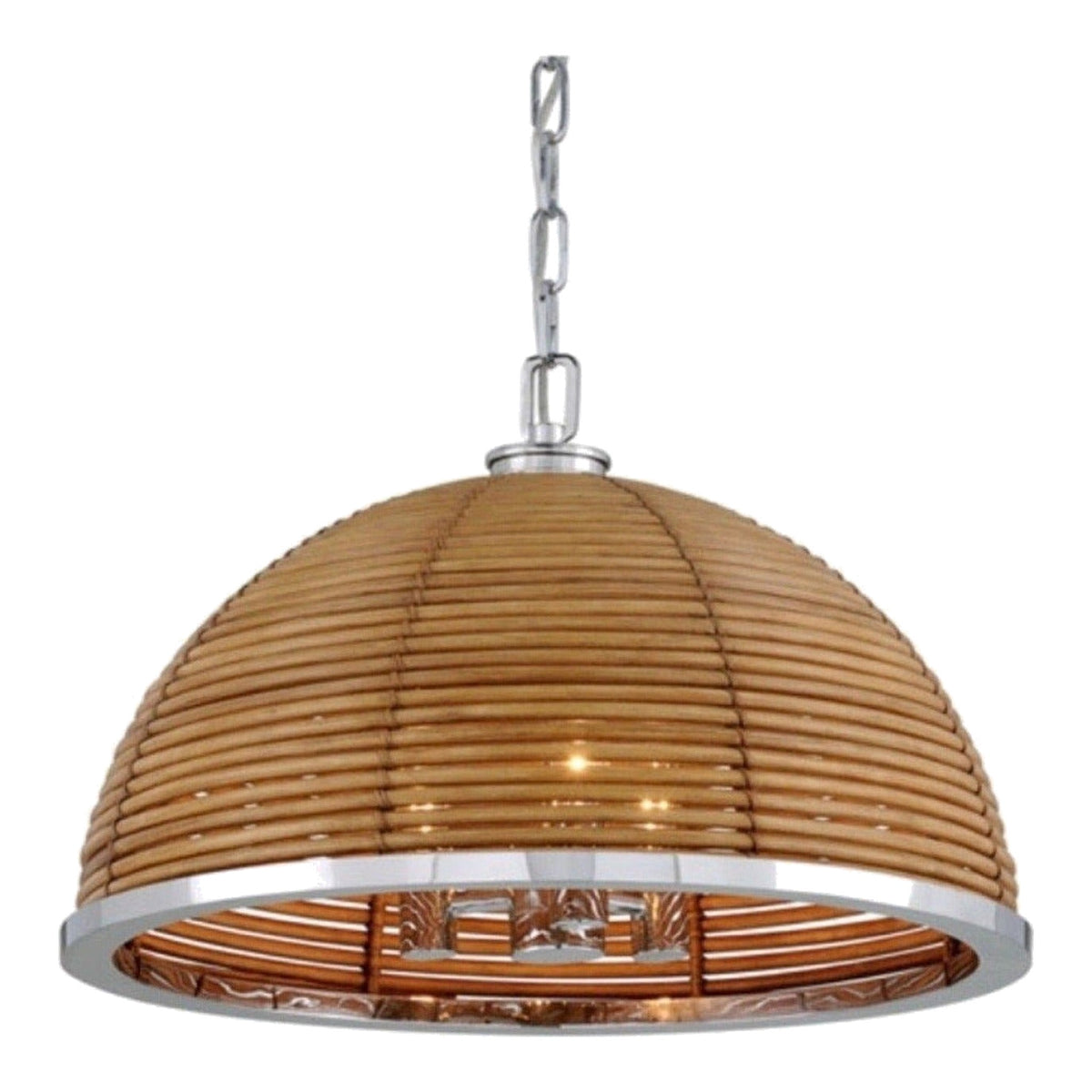 Rattan & Polished Stainless Steel Pendant ceiling light on white