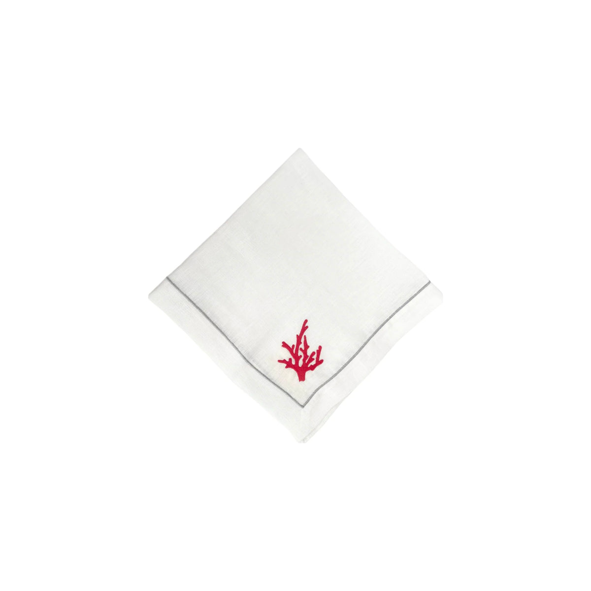 Red Coral Embroidered on White Linen with Silver boarder Dinner Napkins, set of 4, shown on a white background