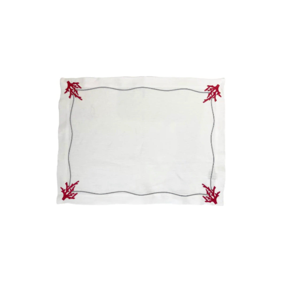 Red Coral Embroidered on White Linen with Silver boarder Placemats, set of 4, shown on a white background