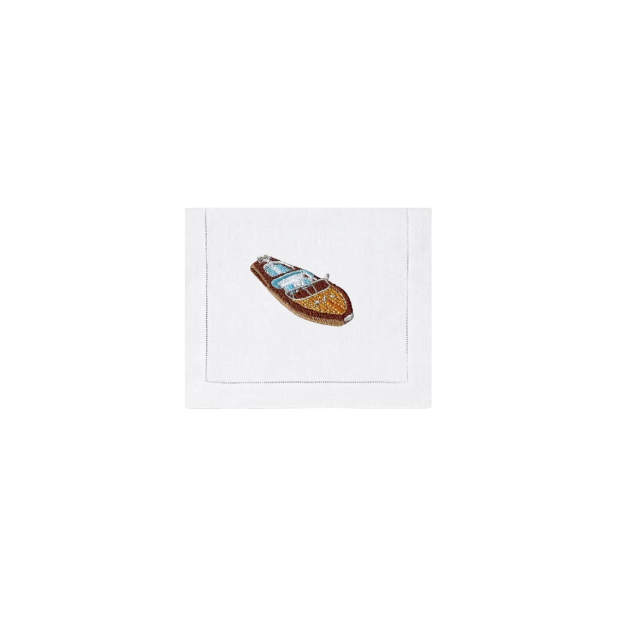 Riva Boat on White Linen Cocktail Napkins, Set of 4, shown on a white background