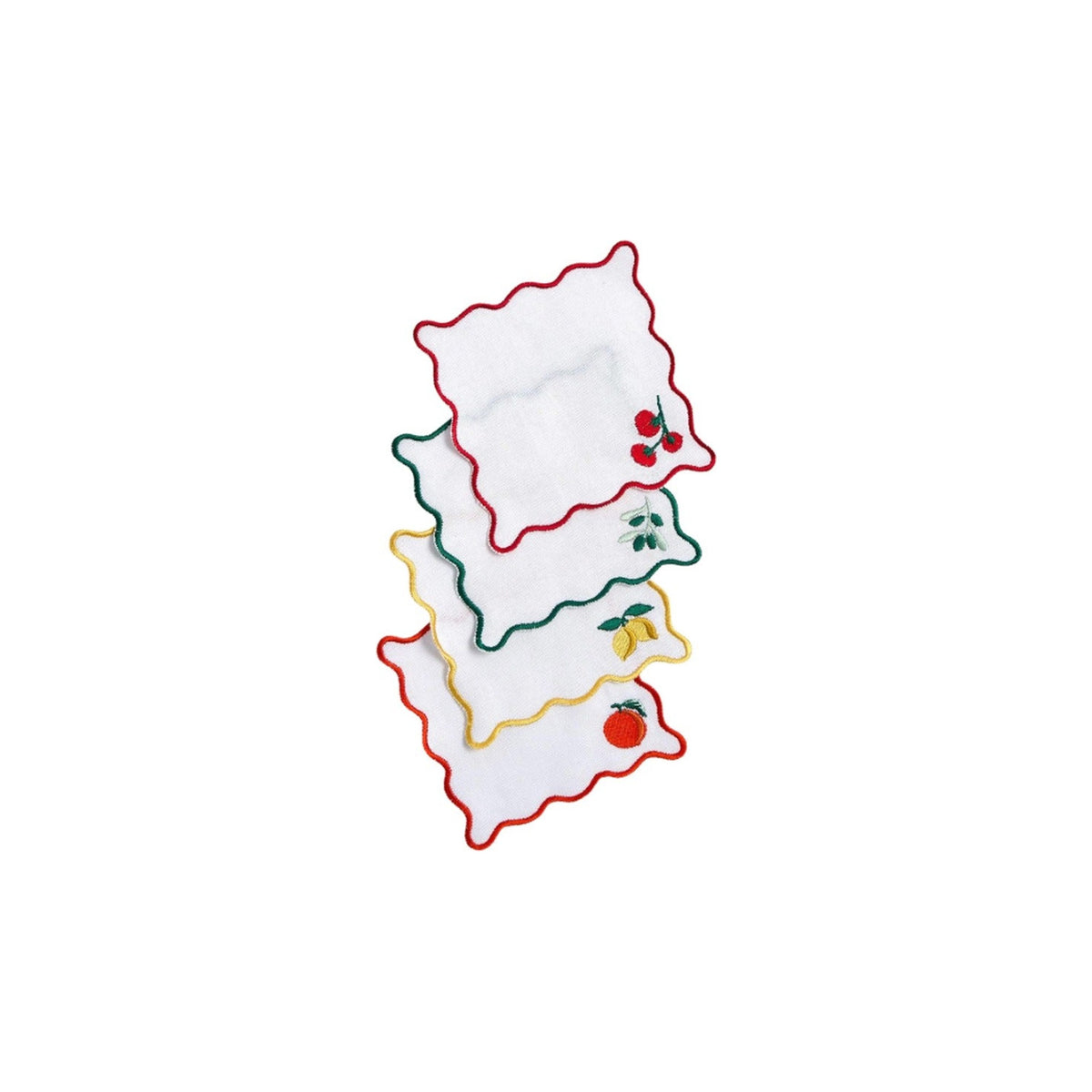 Set of 4, Fruit Cocktail Embroidered Cocktail Napkins with Scallop Edge, shown on a white background