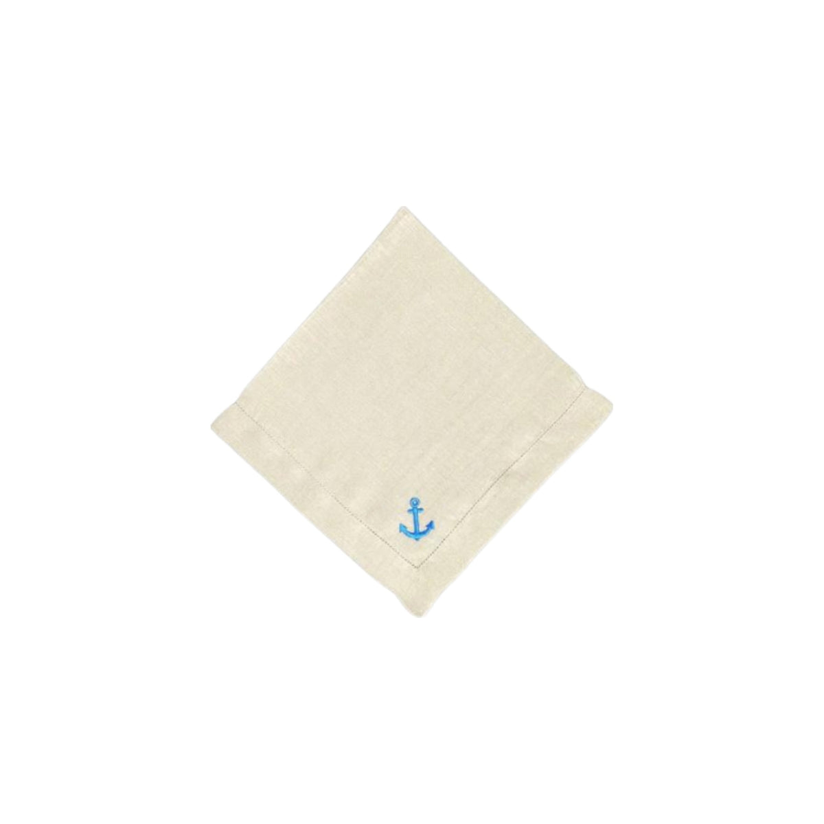 Beige Linen Napkins with Royal Blue Embroidered Anchor, Set of 4, shown on a white background