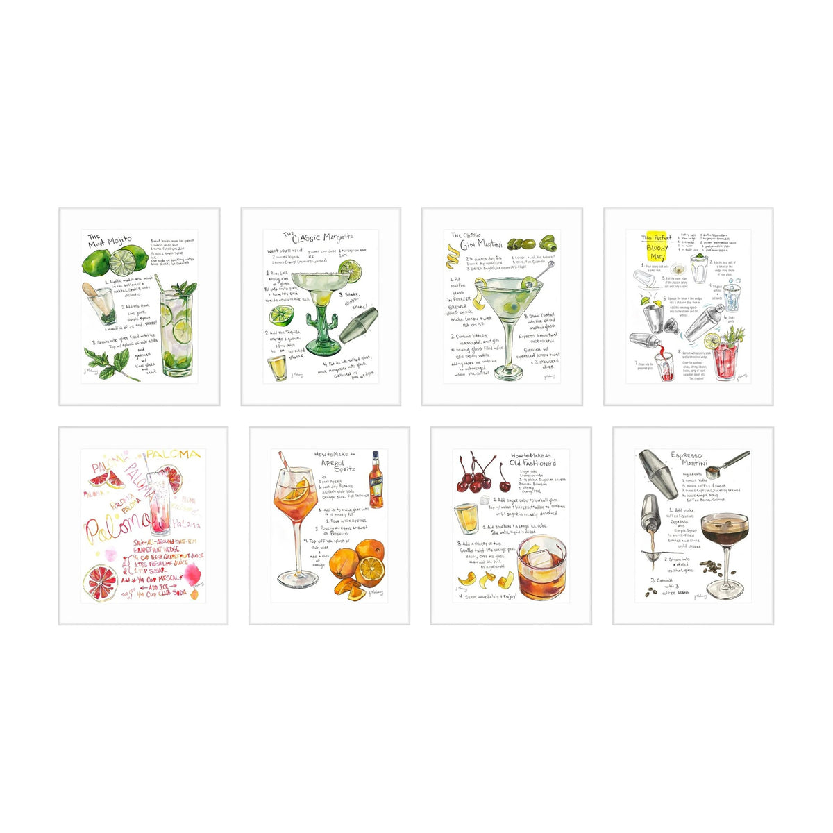 Cocktail recipe prints shown together as a set