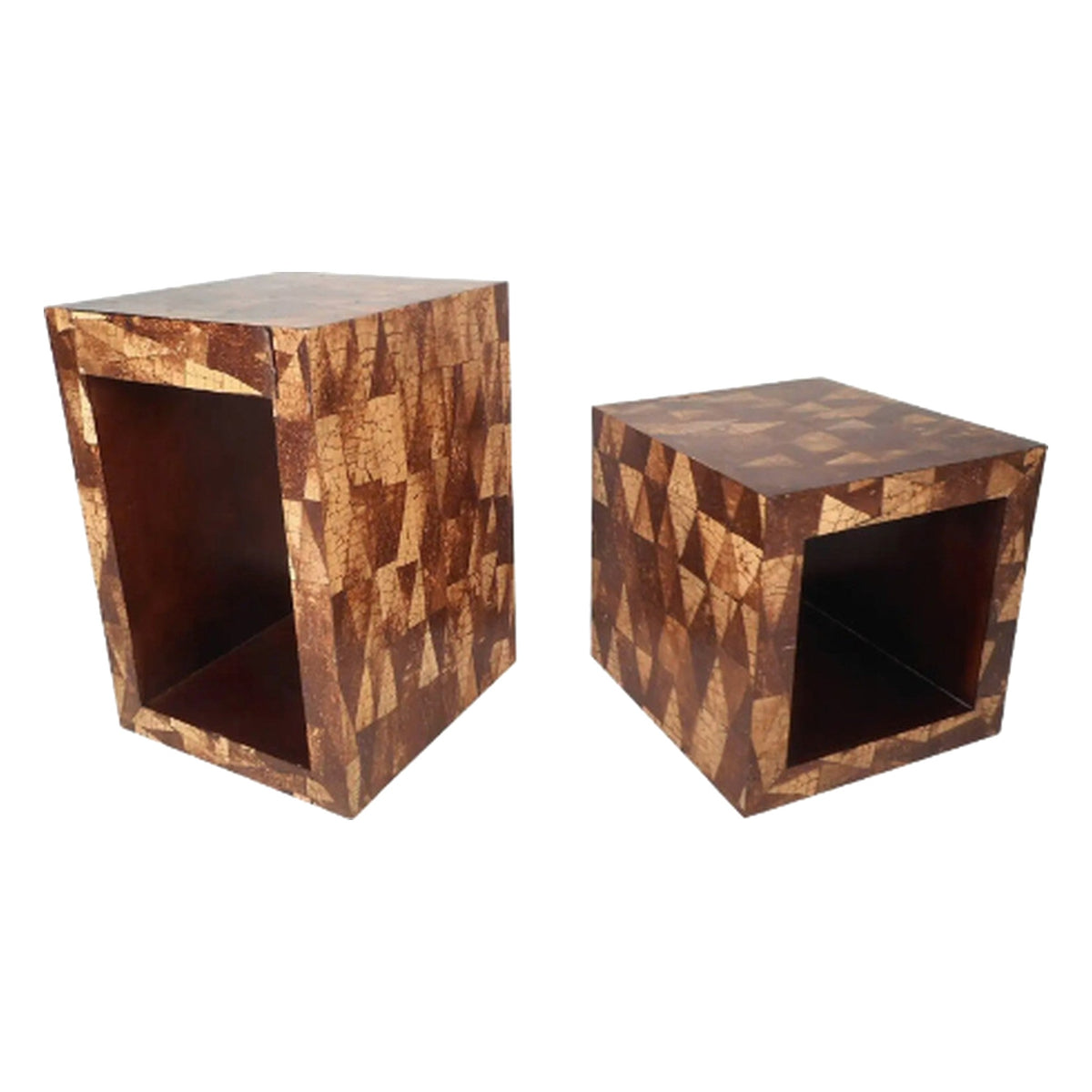 A Pair, Mid-Century Modern Augousti Style Coconut Shell Inlay End Tables on a white background