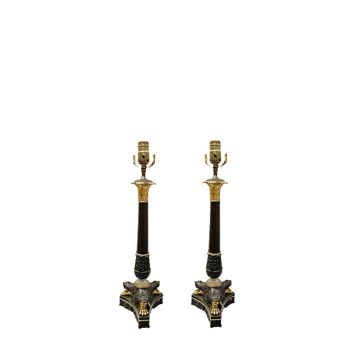 A Pair, Empire Table Lamps in Black lacquer and Gold Leaf on white