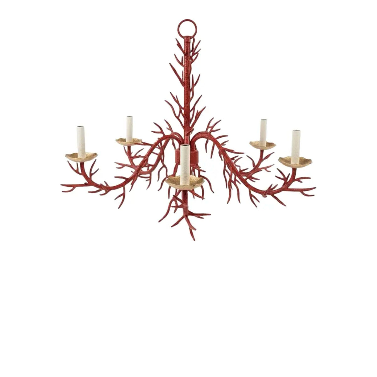 Vintage Late 20th Century Bespoke Turtle and Crane Palm Beach Regency Hand-Glazed Red Faux Coral 5-Light Chandelier on white