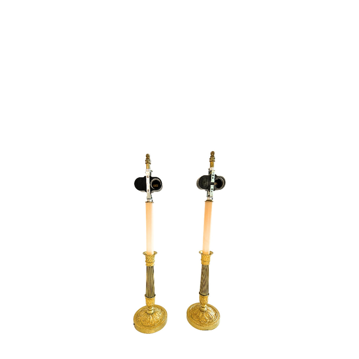 A Pair, Antique Gold Plated Faux Candle Lamps on white