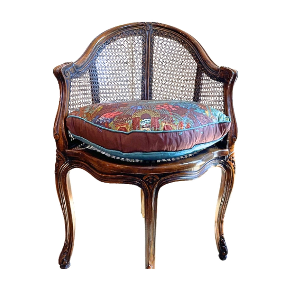 Vintage French Cane Chair With Hermès Scarf Cushion on a white background