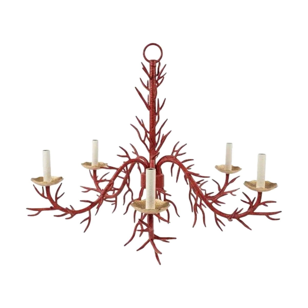 Vintage Late 20th Century Bespoke Turtle and Crane Palm Beach Regency Hand-Glazed Red Faux Coral 5-Light Chandelier on white