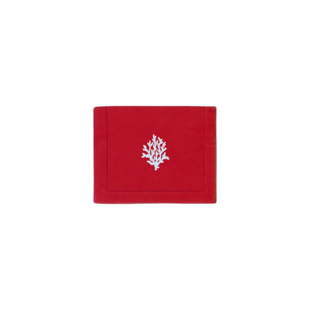White Coral on Red Linen Cocktail Napkins, Set of 4, shown on a white background