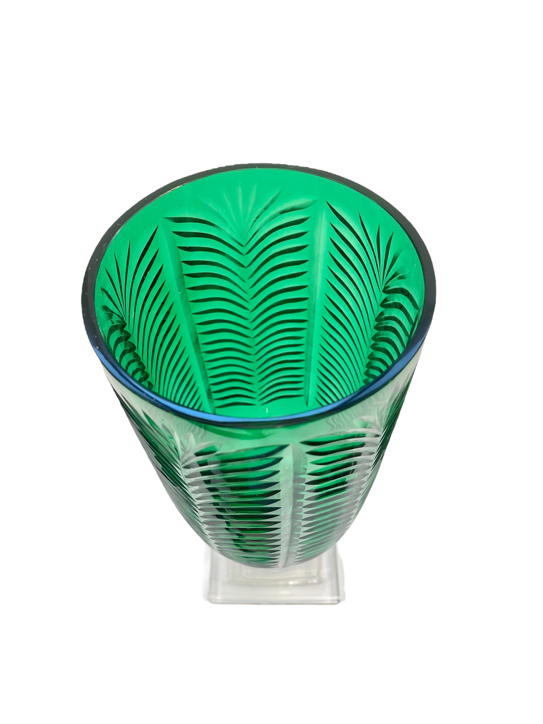 A Pair, Large Etched Palm Green Glass Hurricanes