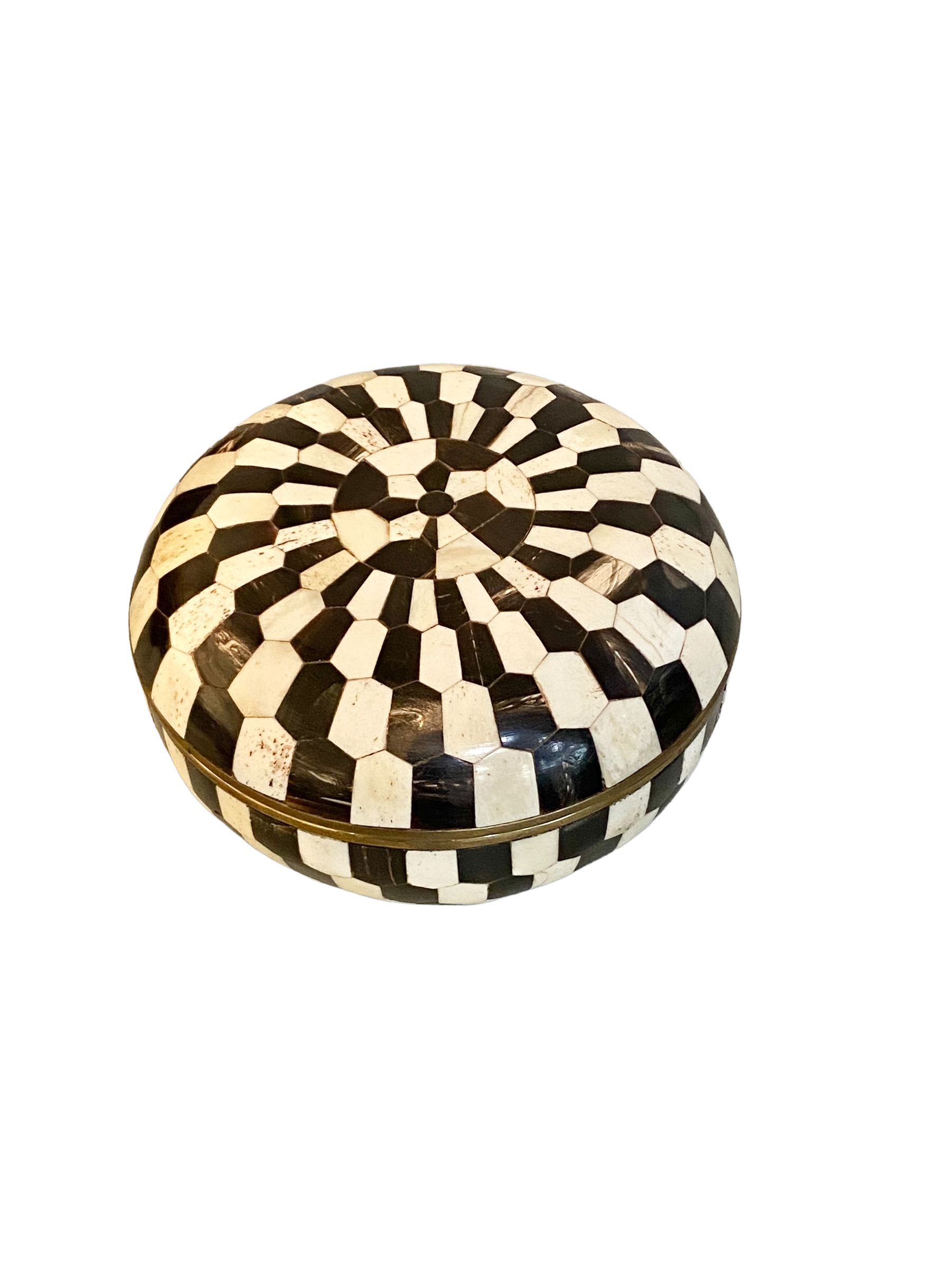 Vintage Round Decorative Round Bowl and Lid with Checkerboard Inlay