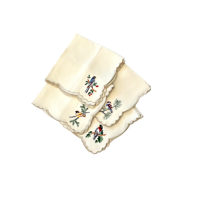 Vintage Madeira Hand Embroidered Napkins with Series of Darling Birds and Scalloped Edges, Set of 12