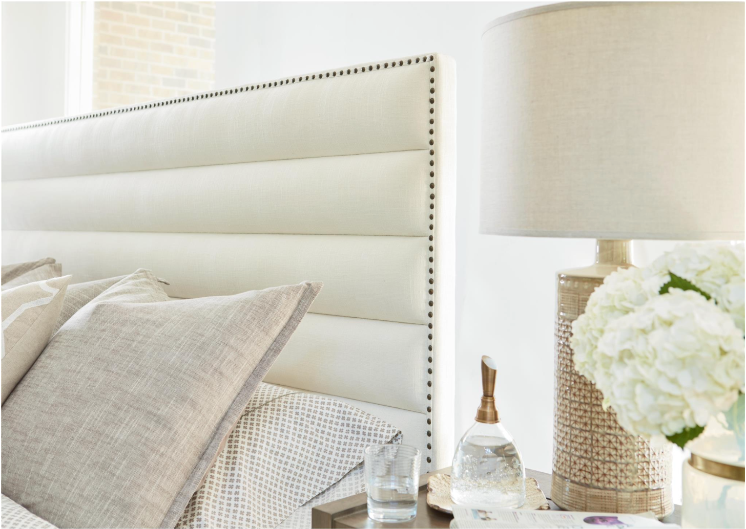 Ecru Performance Fabric Channel Tufted Upholstered Platform Bed