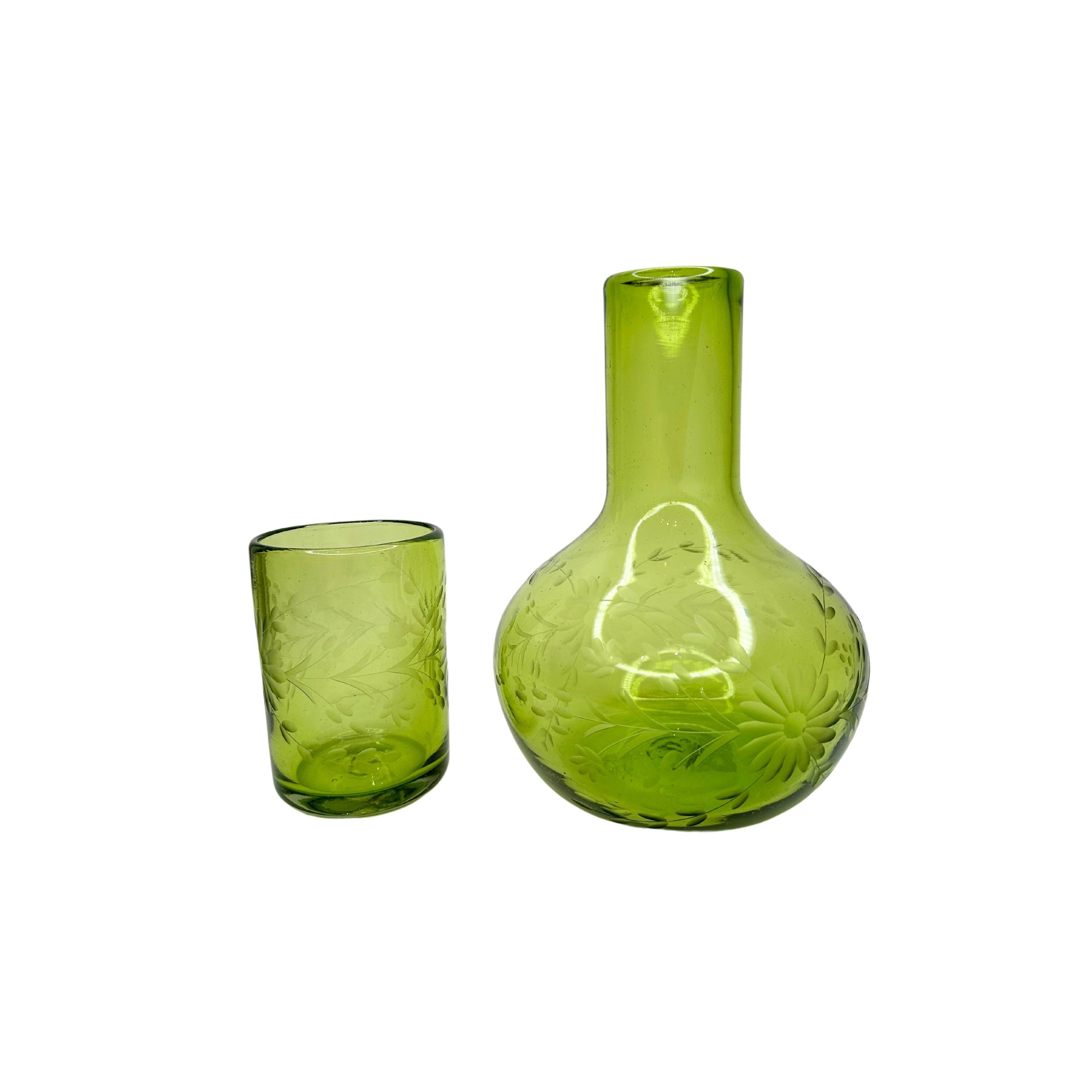 Hand Etched Green Water Carafe & Glass Set